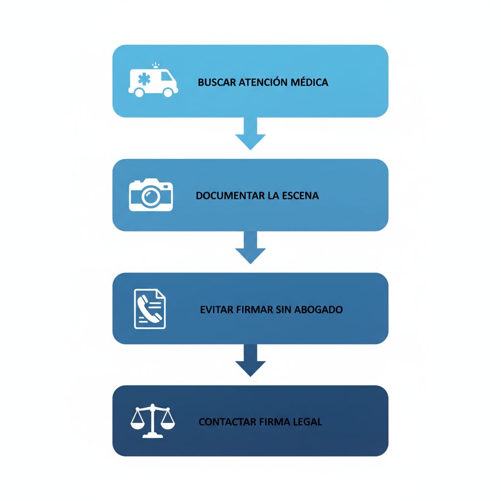 Diagrama de flujo vertical ilustrando los cinco pasos iniciales a seguir después de un accidente en San Diego, con íconos representativos y etiquetas breves.