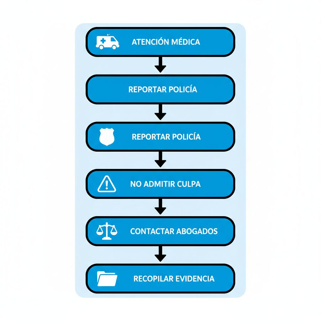 Diagrama de flujo vertical ilustrando los pasos para comenzar un caso de accidente personal en San Ysidro, con cinco etapas clave y iconos representativos.